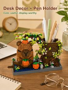 1314PCS 18CM ABS Capybara Small Particle Building Blocks Pen Holder, Forest Garden Tree Stump Vine Flower Design DIY Assembly Desktop Stationery Storage Ornament, Suitable For Desk Office Birthday Gift - Multicolor - View 2