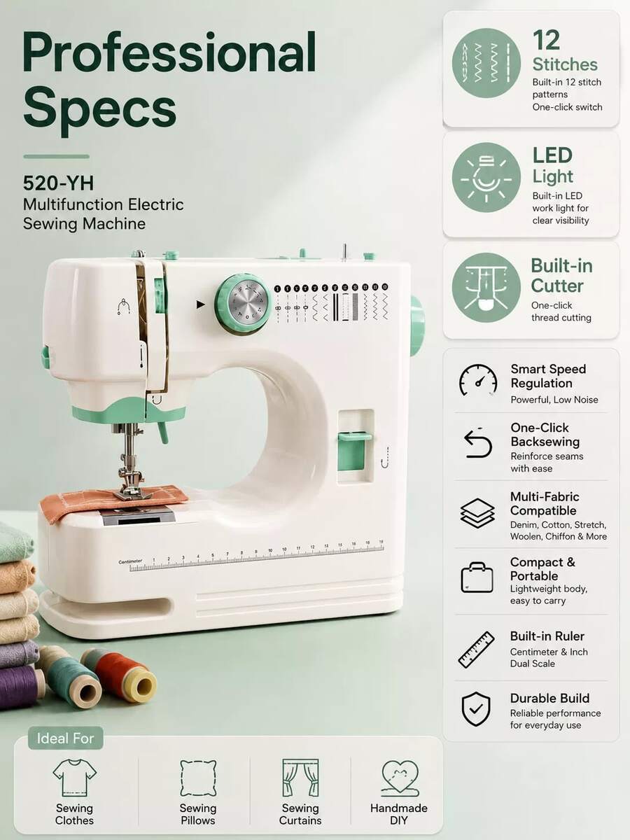 SMEGGEMS High-End Household Electric Sewing Machine, Green, Double-Needle Double-Thread, Automatic Winding 12-Stitch Edge Locking, Metal Tip, Adjustable Speed, One-Button Reverse Sewing, With Lighting, Suitable For Family Use, Handmade DIY, Holiday Gifts