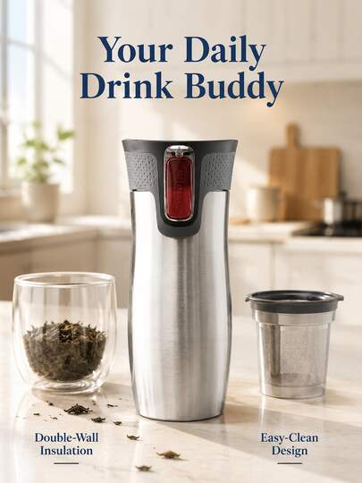 Mug Kopi Perjalanan Vakum Anti Bocor Otomatis, Gelas Termos Portabel Stainless Steel, Botol Air dengan Tutup Mudah Dibersihkan, Cocok untuk Mengemudi, Kantor, dan Perjalanan Sehari-hari