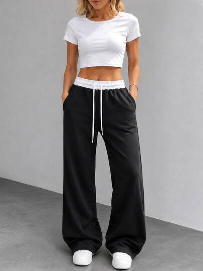 Pantaloni lungi evazati din tricot pentru femei, cu design cu șnur, talie albă, stil minimalist, negru casual versatil