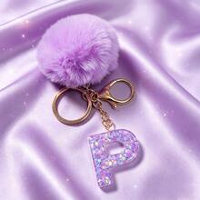 1pc Cute A-Z Letter Sequin Epoxy Keychain With Purple Fur Ball Pendant, Wallet Car Key Chain, Fashion Bag Charm, Gift For Best Friends - Lilac Purple - View 9