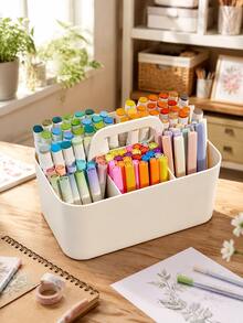 Multifunctional Transparent Storage Basket With Handle, 5-Compartment Desktop Organizer, Large Capacity Plastic Stationery Box, Suitable For Pens, Pencils, Markers And Crayons, Portable Pen Holder - Multicolor - View 4