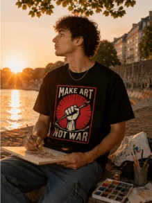 Men's Vintage Graphic T-Shirt, Retro Print Streetwear Tee, Local Warehouse Stock Make Art Not War / Unisex Casual T-Shirt / Short Sleeve Round Neck Te - Black - View 2