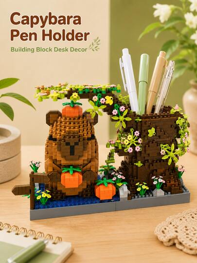 1314PCS 18CM ABS Capybara Small Particle Building Blocks Pen Holder, Forest Garden Tree Stump Vine Flower Design DIY Assembly Desktop Stationery Storage Ornament, Suitable For Desk Office Birthday Gift