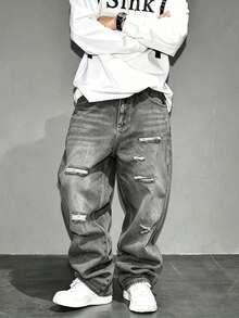 Men's American Vintage Distressed Ripped Loose Fit Washed Denim Jeans - Grey - View 1