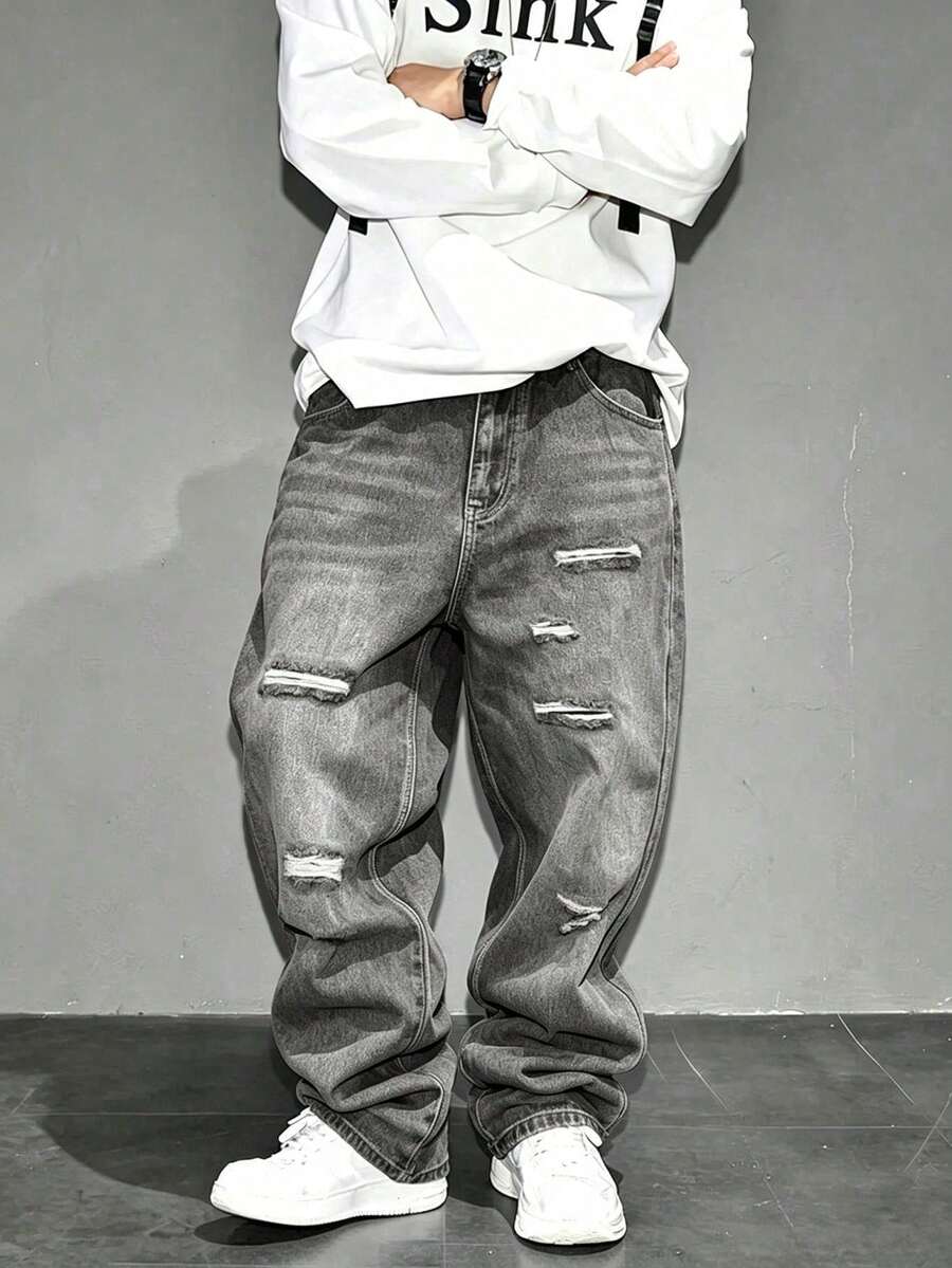 Men's American Vintage Distressed Ripped Loose Fit Washed Denim Jeans - Grey - View 1