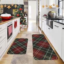 1/2/3pcs Christmas Theme Kitchen Rug, Flannel Kitchen Rug Red & Green Plaid Christmas Style, Comfortable Soft Absorbent Non-Slip, Machine Washable With Non-Slip Backing, Multi-Functional Home Mat Suitable For Doorway, Living Room, Bedroom, Kitchen, Dining Room, Bathroom, Laundry Room, Patio, Entryway, Holiday Home Decor - Multicolor - View 2