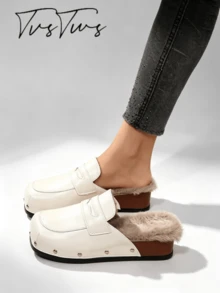 Women's Classic Square Toe Rivet Fuzzy Lining Mule Slippers, Low Heel Wedge Closed Toe Half-Slip, Warm Casual Versatile Outdoor Thermal Slippers, Autumn/Winter - Off White - View 1