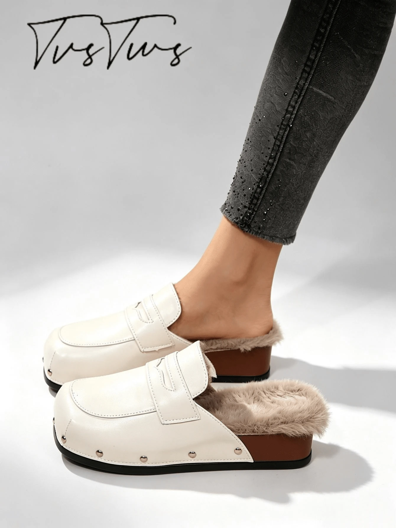 Women's Classic Square Toe Rivet Fuzzy Lining Mule Slippers, Low Heel Wedge Closed Toe Half-Slip, Warm Casual Versatile Outdoor Thermal Slippers, Autumn/Winter - Off White - View 1