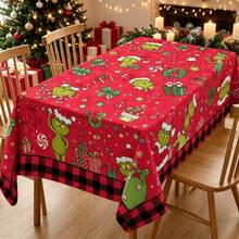 The Grinch 1pc Christmas Tablecloth, Party Dining Table Cloth, Green Monster Christmas Tree Gift Snowflake Pattern, Rectangular Tablecloth Shape, Black And Red Plaid Border, High-Definition Digital Print, Holiday Dust-Proof Decorative Table Mat, Suitable For Winter Christmas Gatherings, Theme Parties, Family Banquets, Holiday Tabletop Decor Scenes - Tablecloth - View 6