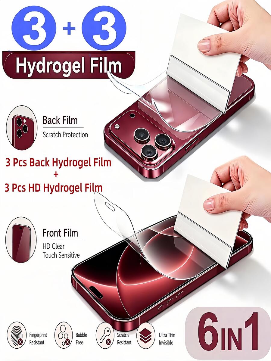 6IN1 3 Pcs Back Hydrogel Film Screen Soft Protector And 3 Pcs HD Hydrogel Film Screen Protector Compatible With IPhone 18 Pro Max/17/16/15/14/13/12/11
