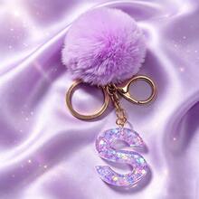 1pc Cute A-Z Letter Sequin Epoxy Keychain With Purple Fur Ball Pendant, Wallet Car Key Chain, Fashion Bag Charm, Gift For Best Friends - Lilac Purple - View 33