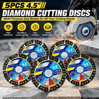 5pcs 4.5 Inch Diamond Cutting Discs, 115mm Multi-Purpose Saw Blades With Reinforced Cutting Edge, Durable Abrasive Design For Marble, Tile, Ceramic, Concrete And Stone, Ideal For Workshop Repairs, Renovation Jobs And DIY Projects For Jobsite Work.