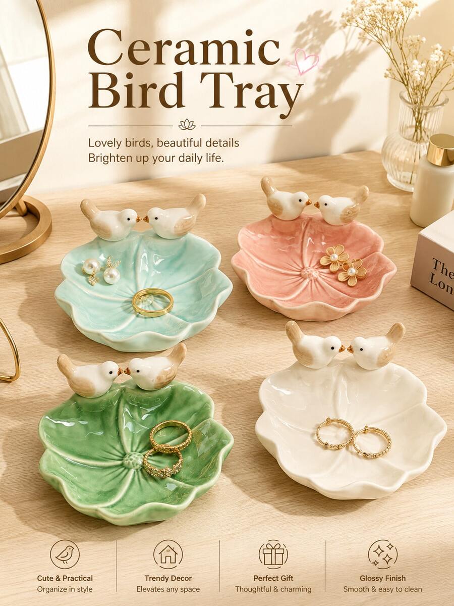 1pc Creative Bird Ceramic Tray, Elegant Lotus Shaped Decorative Dish, Fashionable Multi-Functional Jewelry, Small Accessories, Dessert And Snack Storage Plate, Suitable For Vanity, Coffee Table, Living Room Home Desktop Decor - Multicolor - View 1