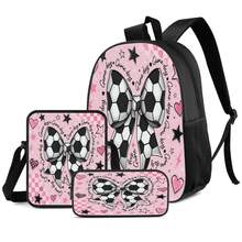 Pink & White Football Bow 2D Print 3 Pieces Backpack Set, Large Capacity Backpack With Crossbody Bag And Pencil Case, Side Elastic Mesh Pocket For Water Bottle, Wide Breathable Adjustable Shoulder Straps, Sweet & Cool Sporty Style For Daily Commute, Travel And Casual Storage - Printed Bag - View 1