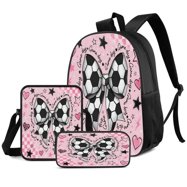 Pink & White Football Bow 2D Print 3 Pieces Backpack Set, Large Capacity Backpack With Crossbody Bag And Pencil Case, Side Elastic Mesh Pocket For Water Bottle, Wide Breathable Adjustable Shoulder Straps, Sweet & Cool Sporty Style For Daily Commute, Travel And Casual Storage