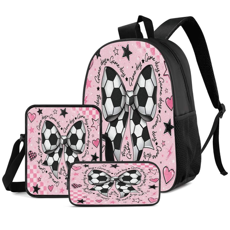 Pink & White Football Bow 2D Print 3 Pieces Backpack Set, Large Capacity Backpack With Crossbody Bag And Pencil Case, Side Elastic Mesh Pocket For Water Bottle, Wide Breathable Adjustable Shoulder Straps, Sweet & Cool Sporty Style For Daily Commute, Travel And Casual Storage - Printed Bag - View 1