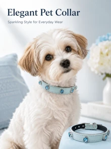 1pc Fashionable Cute Rhinestone Pet Collar, Genuine Leather Exquisite Beautiful Dog Cat Collar, Adjustable Pet Collar Cat Dog Universal Ins Style Pet Collar Leash Set - Multicolor - View 2