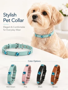 1pc Fashionable Cute Rhinestone Pet Collar, Genuine Leather Exquisite Beautiful Dog Cat Collar, Adjustable Pet Collar Cat Dog Universal Ins Style Pet Collar Leash Set - Multicolor - View 1