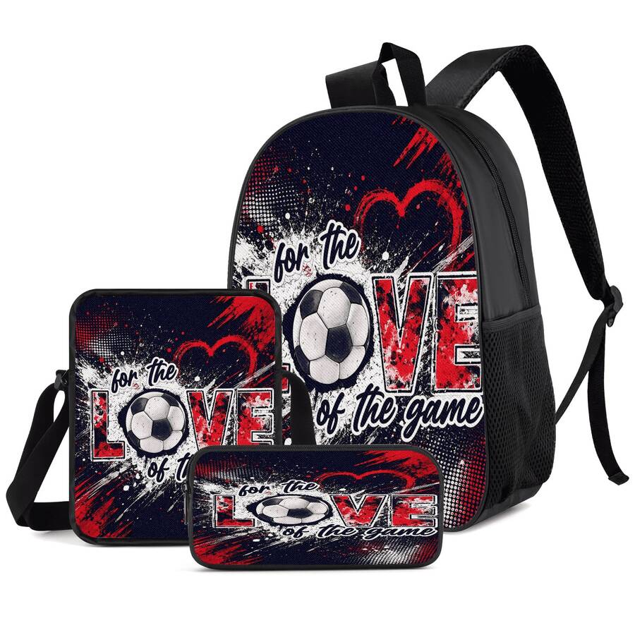 Football Theme 2D Print 3 Pieces Backpack Set, Large Capacity Backpack With Crossbody Bag And Pencil Case, Side Elastic Mesh Pocket For Water Bottle, Wide Breathable Adjustable Shoulder Straps, Sports Style Daily Commute Travel Casual Storage Bag - Printed Bag - View 1