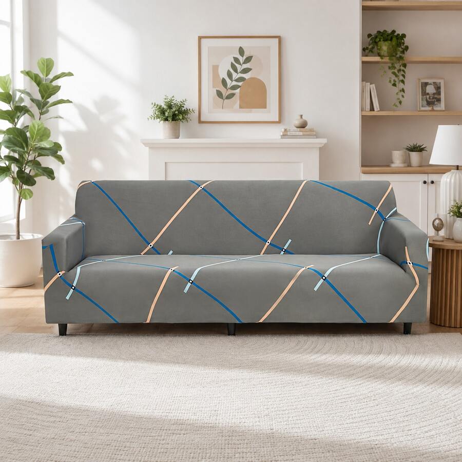 1pc Plant Pattern Print Sofa Cover, Dust-Proof And Dirt-Resistant, Elastic One-Piece Full Coverage Sofa Protector, Living Room Home Decor, 1/2/3/4 Seater Sofa Decoration, All Season Universal, Machine Washable, Pillow Case Not Included - Light Grey - View 1