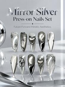 NAIO 10pcs Long Wearable Nails, Mirror Silver Metallic Finish Fake Nails, Futuristic Liquid Metal Gloss, 3D Metal Heart, Star & Streamline Pattern, Shiny Full Coverage Artificial Nails, Suitable For Nightclub Party & Daily Wear - Multicolor - View 1