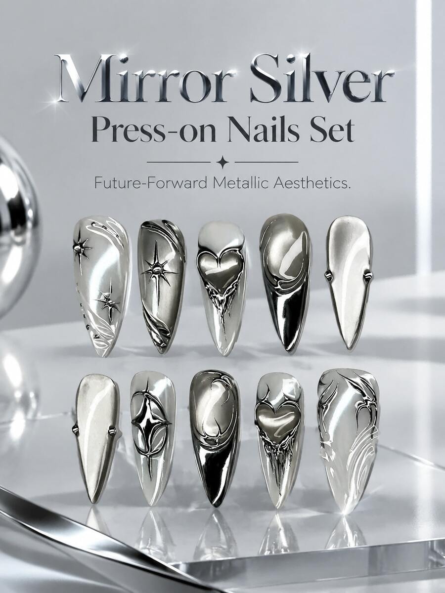 NAIO 10pcs Long Wearable Nails, Mirror Silver Metallic Finish Fake Nails, Futuristic Liquid Metal Gloss, 3D Metal Heart, Star & Streamline Pattern, Shiny Full Coverage Artificial Nails, Suitable For Nightclub Party & Daily Wear - Multicolor - View 1