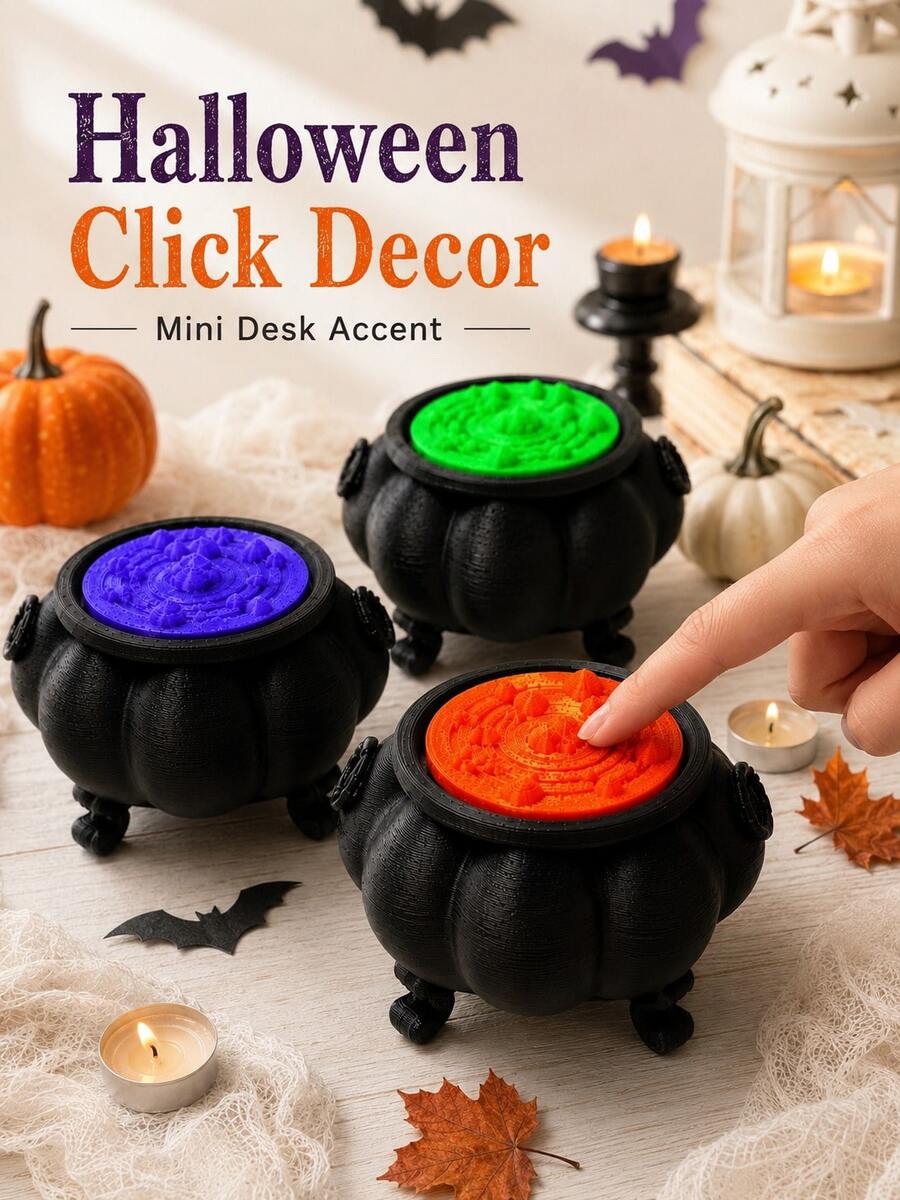 1pc Halloween Witch Cauldron Click Stress Relief Toy, Mini Black Pumpkin Pot Press Top Desktop Fidget Toy, Colorful Cauldron Desktop Decoration, Suitable For Home Office Room Party, Halloween Desktop Accessory, Seasonal Party Decoration Gift - Multicolor - View 1
