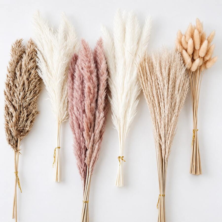 117 PCS Dried Pampas Grass Bouquet, Boho Table Decor, Bunny Tails Dried Flowers, Brown Pompas, White Pampas Grass For Wedding, Home, Rustic Party, Baby Shower Decorations - Multicolor - View 1
