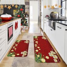 1/2/3pcs Christmas Theme Kitchen Rug, Flannel Kitchen Rug, Comfortable Soft Absorbent Non-Slip Machine Washable With Backing, Multi-Functional Home Floor Mat, Suitable For Entryway, Living Room, Bedroom, Kitchen, Dining Room, Bathroom, Laundry Room, Patio, Hallway, Holiday Christmas Decoration Mat - Multicolor - View 2