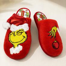The Grinch 1 Pair Adult Christmas Plush Slippers, Soft & Warm Fuzzy Indoor House Shoes With 3D Santa Hat And Cartoon Embroidery, EVA Sole, Green/Red Holiday Gift - Slippers - View 5