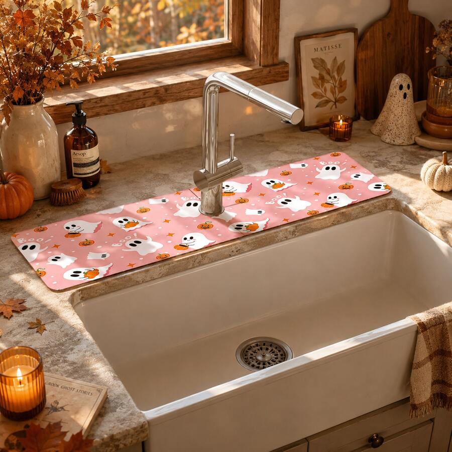 1pc Halloween Decorative Faucet Mat, Cute Ghost Pattern, Faucet Cover, Create Holiday Atmosphere, Bathroom Faucet Splash Guard, Waterproof Non-Slip Faucet Mat, Kitchen Countertop Accessory, Kitchen Dining Table Accessory, Sink, Moisture-Proof Absorbent Mat, Absorbent Drainage Mat, Multi-Functional Absorbent Non-Slip Mat