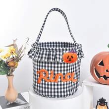 Personalized Ruffle Halloween Storage Basket, Customizable Name Plaid Trick Or Treat Bag, Halloween Candy Bucket, Halloween Gift Storage Bin, Coquette Halloween - Multicolor - View 49