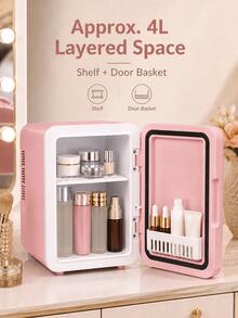SMEGGEMS Mini Fridge With Makeup Mirror, 4L Mini Skincare Fridge, With Adjustable LED Light Mirror, Cooling And Heating Functions, Can Store Cosmetics And Food, Portable Mini Fridge, Suitable For Bedroom, Office And Car, Perfect As A Gift - Baby Pink - View 5