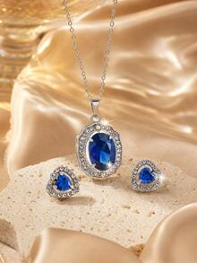 1 Set Heart Blue Stone Jewelry Set For Women Pave Halo Necklace Stud Earrings Elegant Daily Party Wedding Gift - Silver - View 1