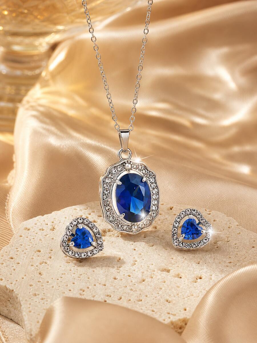 1 Set Heart Blue Stone Jewelry Set For Women Pave Halo Necklace Stud Earrings Elegant Daily Party Wedding Gift - Silver - View 1