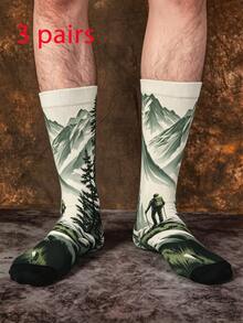 1/3 Pairs Mountain Hiker Creative Landscape Print Mid-Calf Socks, Christmas Holiday Outdoor Style Men's Socks - Multicolor - View 9