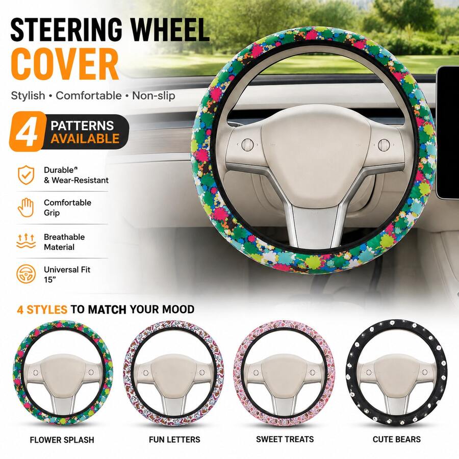 1PC Vintage Cartoon Car Steering Wheel Cover Without Inner Ring, 4 Styles Available, Elastic Band Easy Installation, Wear-Resistant Anti-Slip, All-Season Universal, Unisex, Car Interior Accessory - Multicolor - View 1