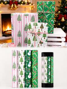 4 Rolls Christmas Wrapping Paper Set, Includes 4 Holiday Theme Designs With Christmas Tree, Snowman And Candy Cane Patterns, Suitable For Christmas Gifts, Holiday Parties, Christmas Decorations, Home Gift Wrapping And Holiday Gift Packaging - Christmas - View 1