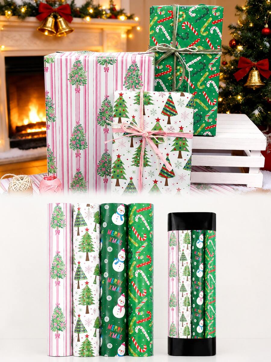 4 Rolls Christmas Wrapping Paper Set, Includes 4 Holiday Theme Designs With Christmas Tree, Snowman And Candy Cane Patterns, Suitable For Christmas Gifts, Holiday Parties, Christmas Decorations, Home Gift Wrapping And Holiday Gift Packaging - Christmas - View 1