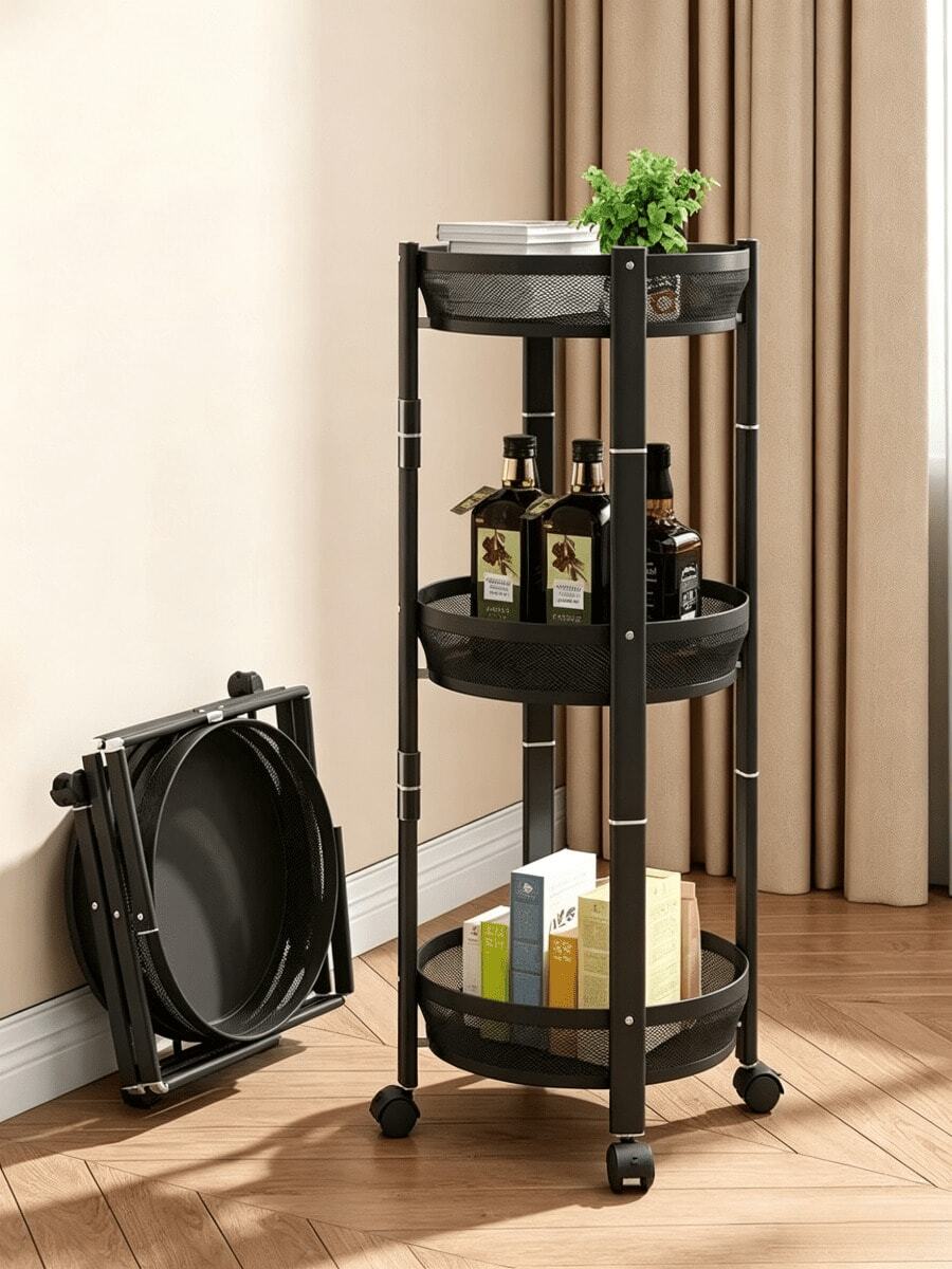 3‑Tier Folding Rolling Storage Cart, Metal Utility Shelf, Rotatable And Foldable Storage, Space‑Saving, Stable Structure, Multi‑Layer Mobile Storage Shelf, Suitable For Kitchen, Living Room, Bathroom And Dormitory - Multiple Specifications - View 1