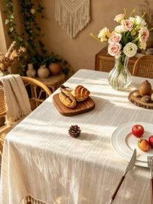 1/24Pcs Bohemian Style Minimalist Striped Tassel Edge Tablecloth, Suitable For Dining Room, Living Room, Holiday Party, Home Daily Decoration, Skin-Friendly, Washable And Reusable - Beige - View 4