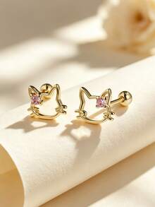 Artepollo 925 Sterling Silver 14K Gold Plated Hollow Cat Stud Earrings, Pink Round Zirconia, Gift Box Packed For Daily Party Women Girls Cute Jewelry - Cat - View 6