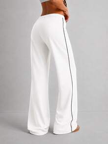 Women's Low-Rise Modal Knit Drawstring Wide-Leg Pants With Contrast Piping - Black and White - View 4