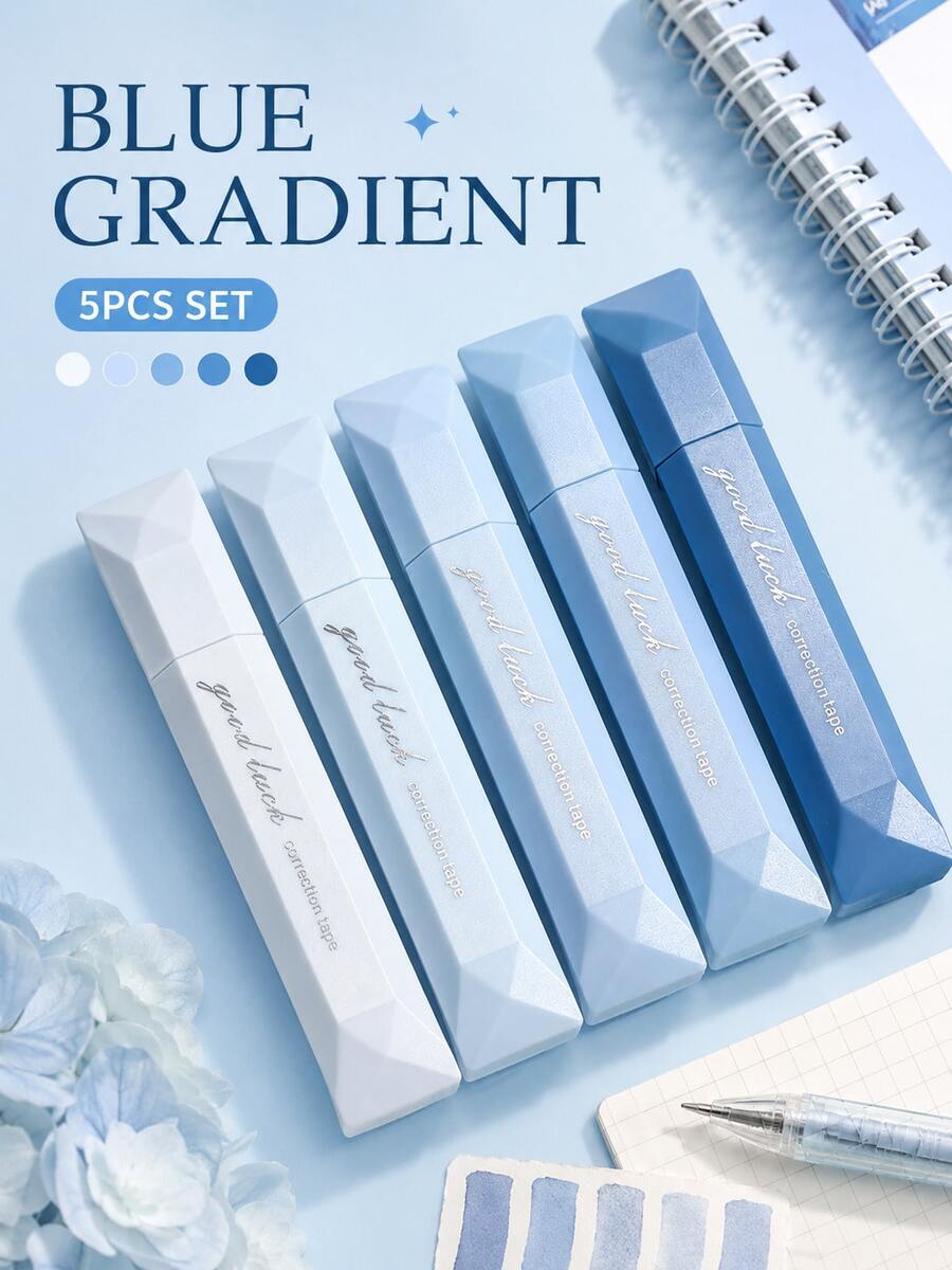 5pcs Gradient Color Pen-Style Correction Tape, Portable Cap Correction Tape, Student Learning Office Stationery - 5pcs Blue [Boxed] - View 1