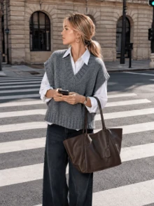 New Autumn/Winter Women's Minimalist V-Neck Pullover Vest - Light Grey - View 1