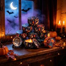 8pcs Halloween Pattern Decorative Candle Jars, Skull & Pumpkin Print Candle Jars, Vintage Holiday Containers, Suitable For Halloween & Day Of The Dead Tabletop Decor, Autumn Party Tabletop Ornaments - Halloween Style 1 - 8pcs - View 12