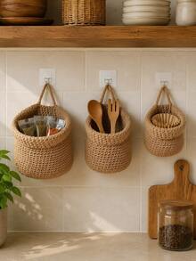 1pc Handmade Woven Hanging Storage Basket, Multi-Functional Wall-Mounted & Desktop Organizer Bin, Suitable For Kitchen Utensils, Fruits, Vegetables, Bathroom, Bedroom And Entryway, Space-Saving Pastoral Style Home Decor - Multicolor - View 10