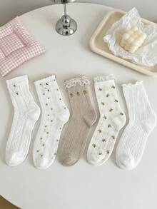 1/5 Pairs Vintage Mori Style Bow Lace Trim Mid-Calf Socks - Multicolor - View 10