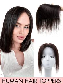 Women's Human Hair Topper Hairpiece, No Bangs 360° 3D Human Hair, Suitable For Thinning Hair, Gray Hair, Hair Loss, Adds Volume, With 3 Hair Clips Base - Natural Black - View 1